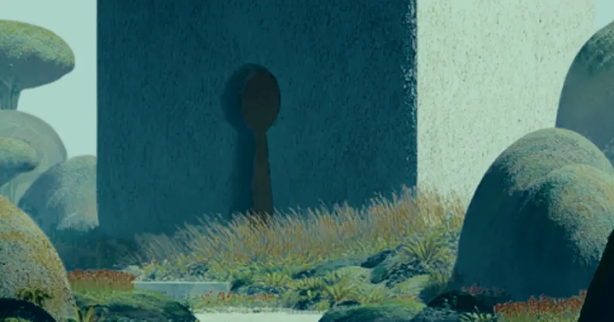 A keyhole cut into a tall stone monolith, surrounded by an overgrown garden