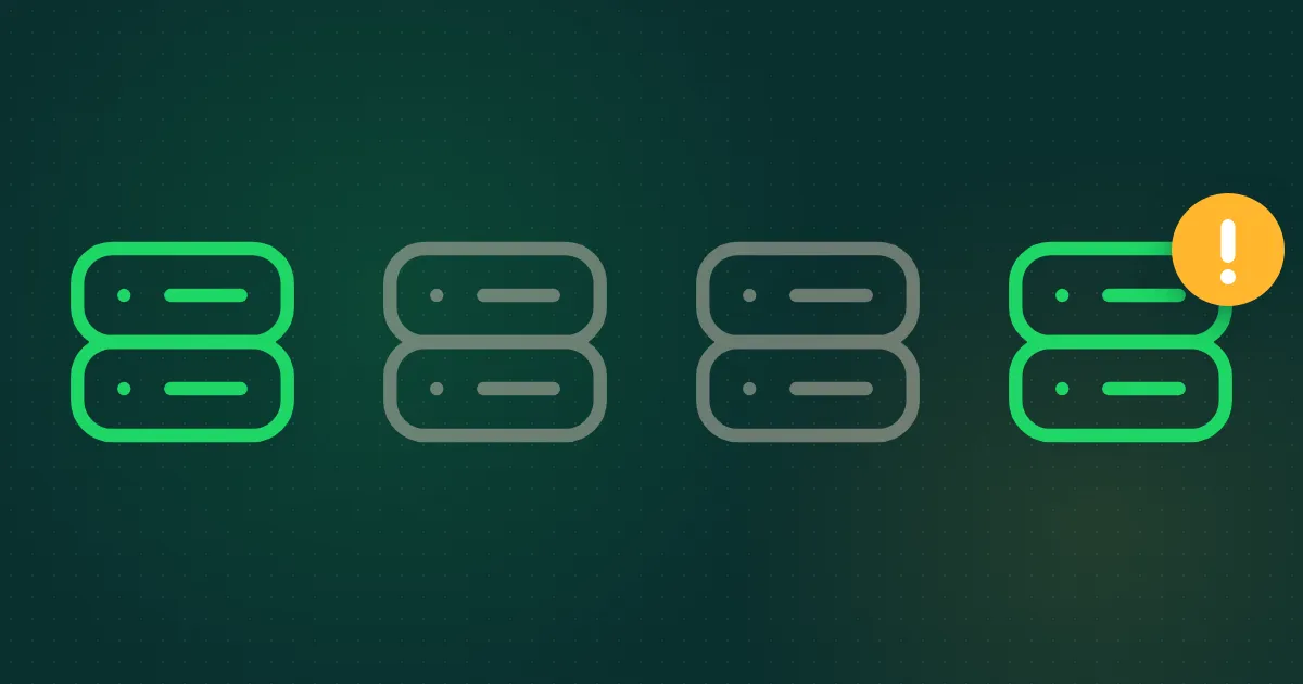 Four server icons in a row, two lit green and two dimmed, with an amber warning badge on one of the lit servers.
