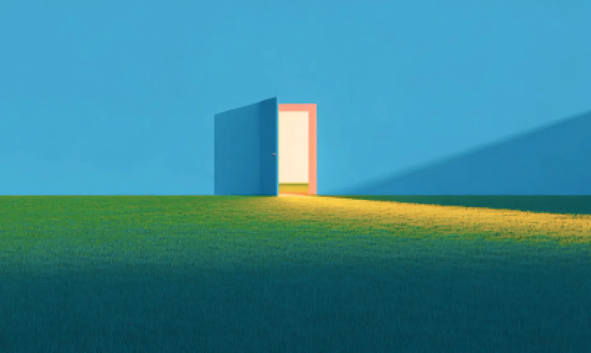 An open door standing alone in a field.