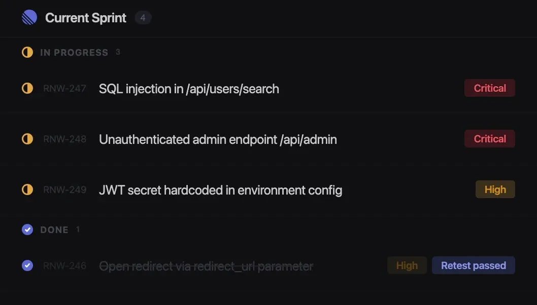 Fencer pen test findings synced to Linear as sprint issues