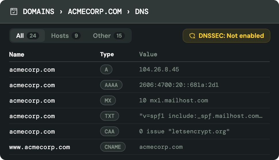 A DNS record inventory for acmecorp.com listing A, AAAA, MX, TXT, CAA and CNAME records, with a warning pill showing DNSSEC is not enabled