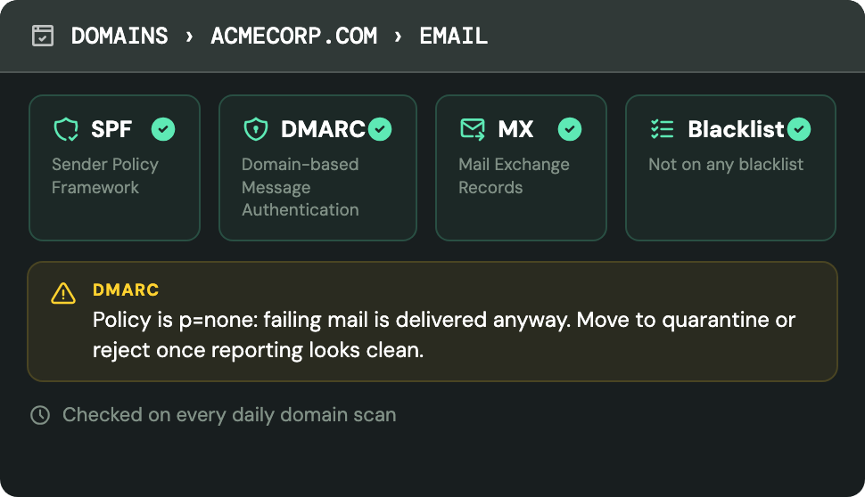 An email security tab showing SPF, DMARC, MX and blacklist checks all passing, with a warning that the DMARC policy is set to p=none