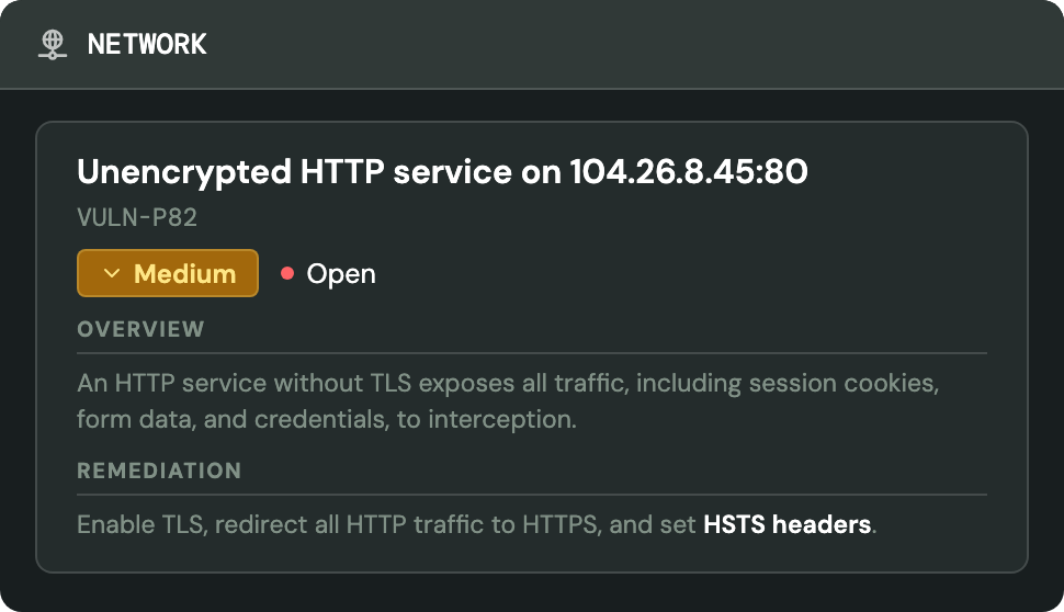 A medium-severity network finding for an unencrypted HTTP service on port 80, with an overview of the exposure and remediation steps