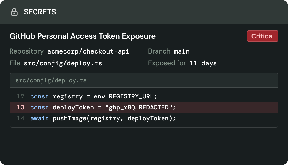 A GitHub token exposure finding showing the repository, branch, file path, and the exact line of code the credential sits on